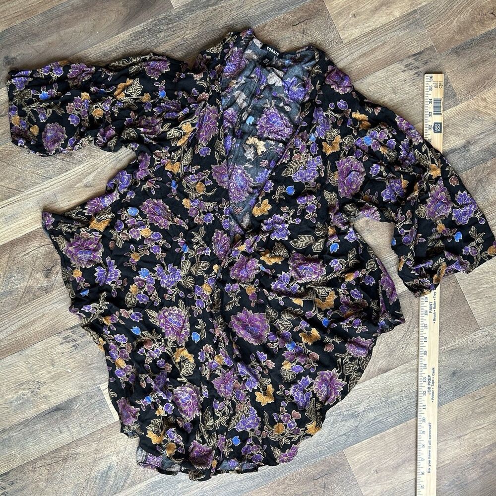 Torrid Floral Kimono Cardigan Size 1/2 Black Purple 100% Rayon Open Front